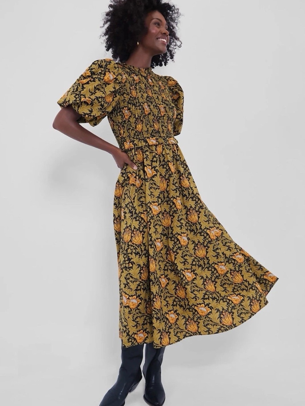 HYACINTH HOUSE Olive Leafy Floral Smocked Smythe Midi Dress Small